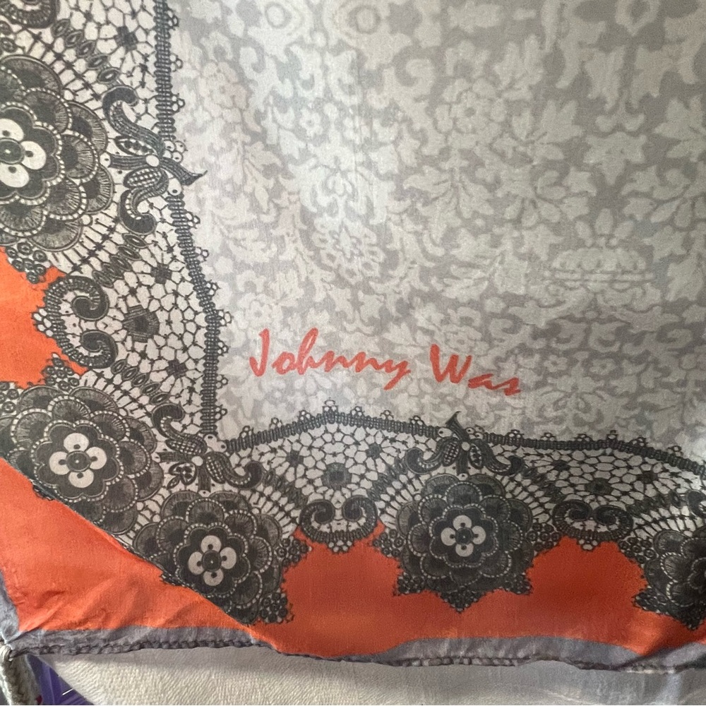 Johnny Was Vibrant Floral Scarf with Orange and Grey Border Tassels on Corners - Picture 3 of 9